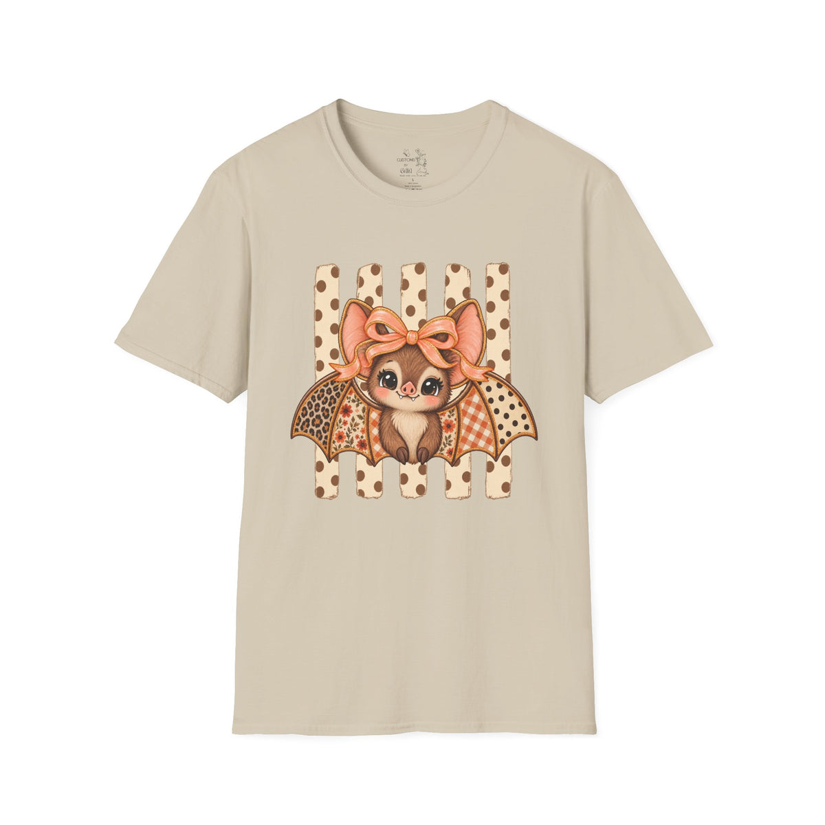 Cute Bat Tee — Adorable Bat with Bow Graphic T-Shirt (Leopard Striped Background)