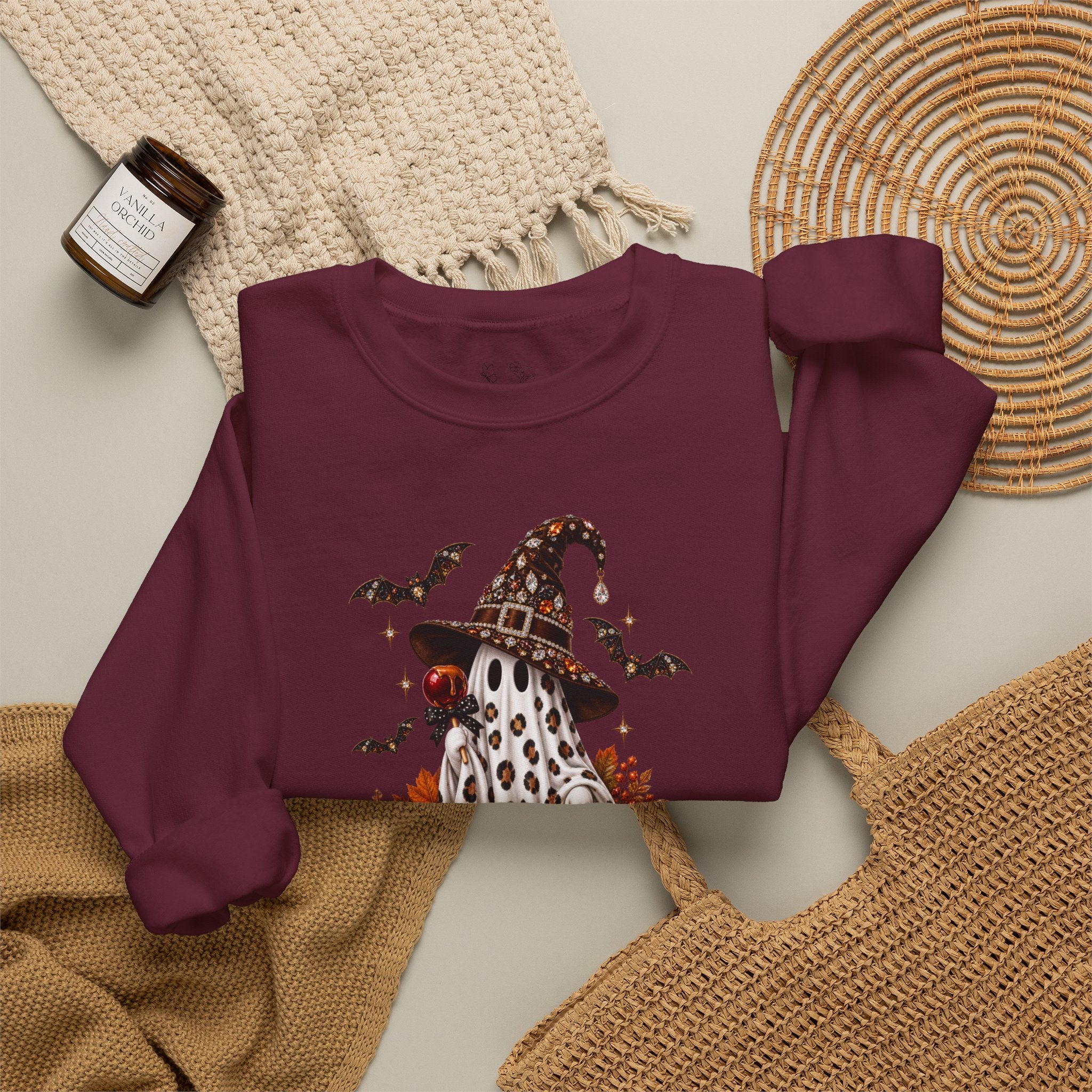 Halloween Ghost Sweatshirt – Spooky Gnome with Witch Hat, Pumpkins & Bats Crewneck