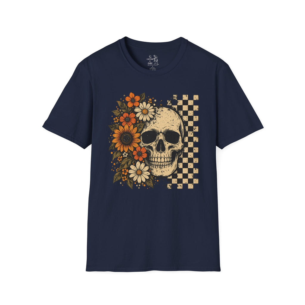 Floral Skull T-Shirt – Gothic Sunflower Checkerboard Design