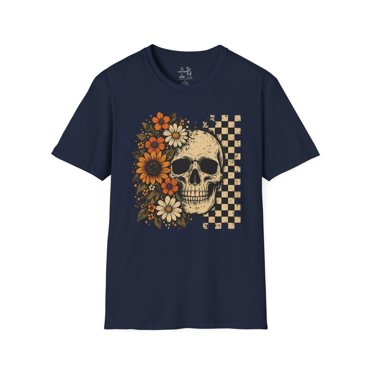 Floral Skull T-Shirt – Gothic Sunflower Checkerboard Design