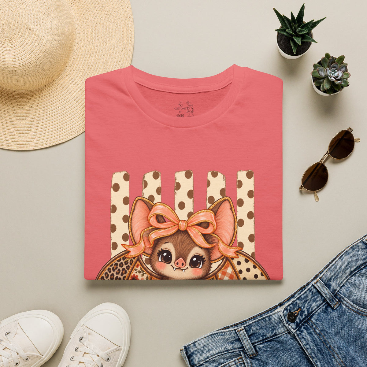Cute Bat Tee — Adorable Bat with Bow Graphic T-Shirt (Leopard Striped Background)