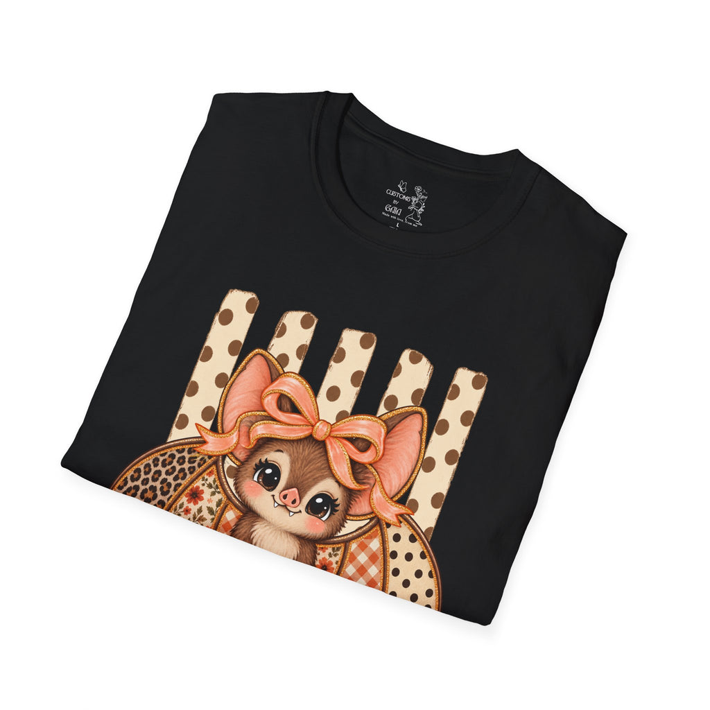 Cute Bat Tee — Adorable Bat with Bow Graphic T-Shirt (Leopard Striped Background)