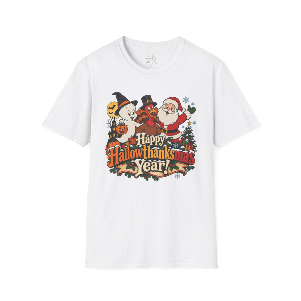 Halloween Thanksgiving Christmas Mashup Tee — "Happy HallowThanksMas This Year"