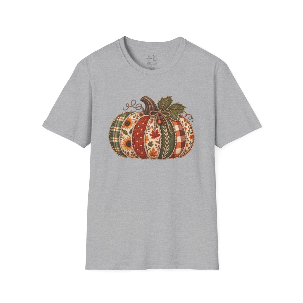 Fall Patchwork Pumpkin T-Shirt — Plaid & Floral Autumn Tee
