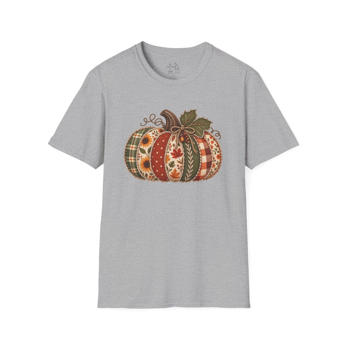 Fall Patchwork Pumpkin T-Shirt — Plaid & Floral Autumn Tee