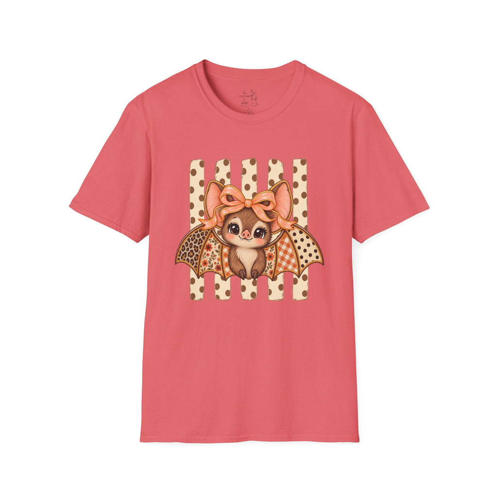 Cute Bat Tee — Adorable Bat with Bow Graphic T-Shirt (Leopard Striped Background)