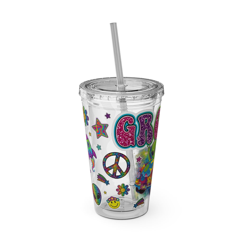 Groovy Aliens 16oz Tumbler with Straw — Retro Peace Sign, Psychedelic Van Design