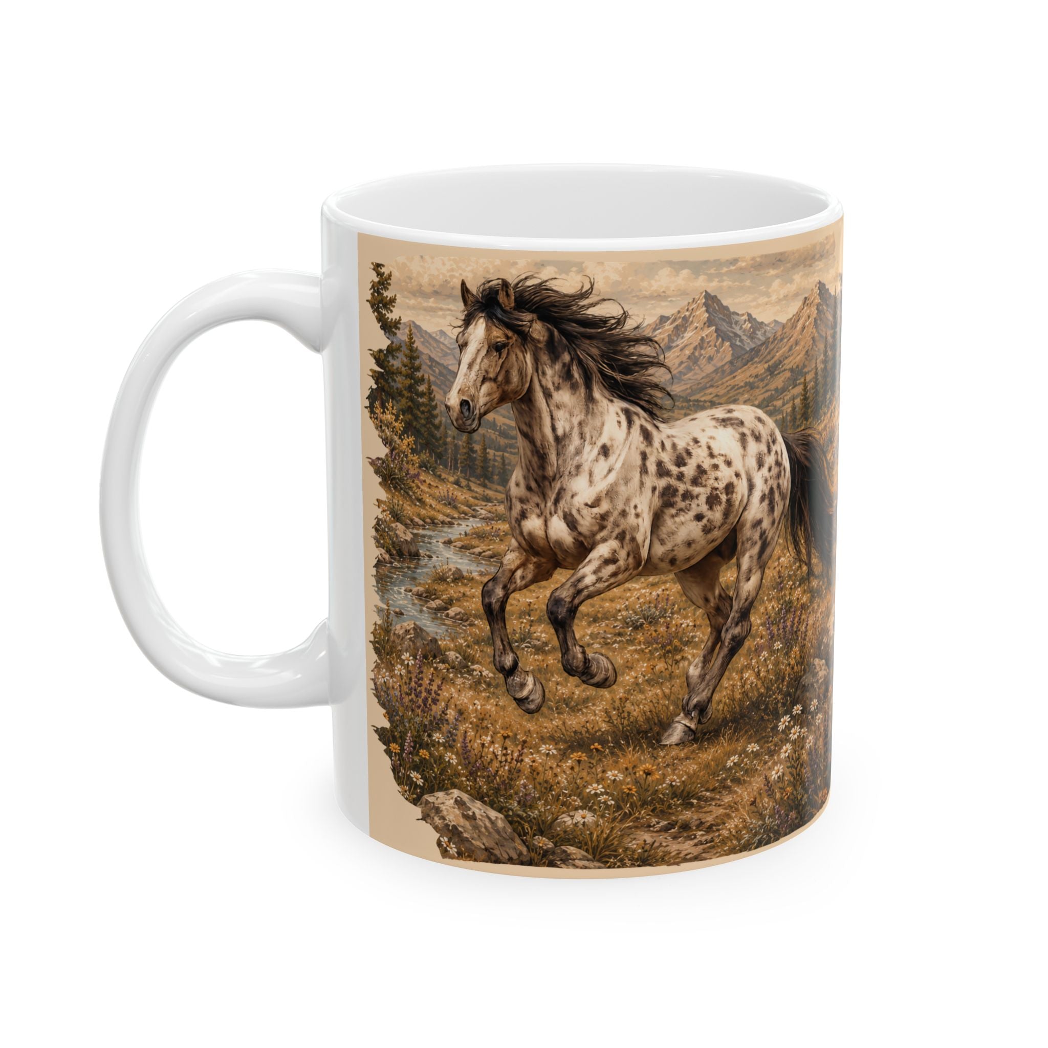 Wild Meadow Horse Ceramic Mug — Scenic Appaloosa Mountain Coffee Cup (11oz & 15oz)