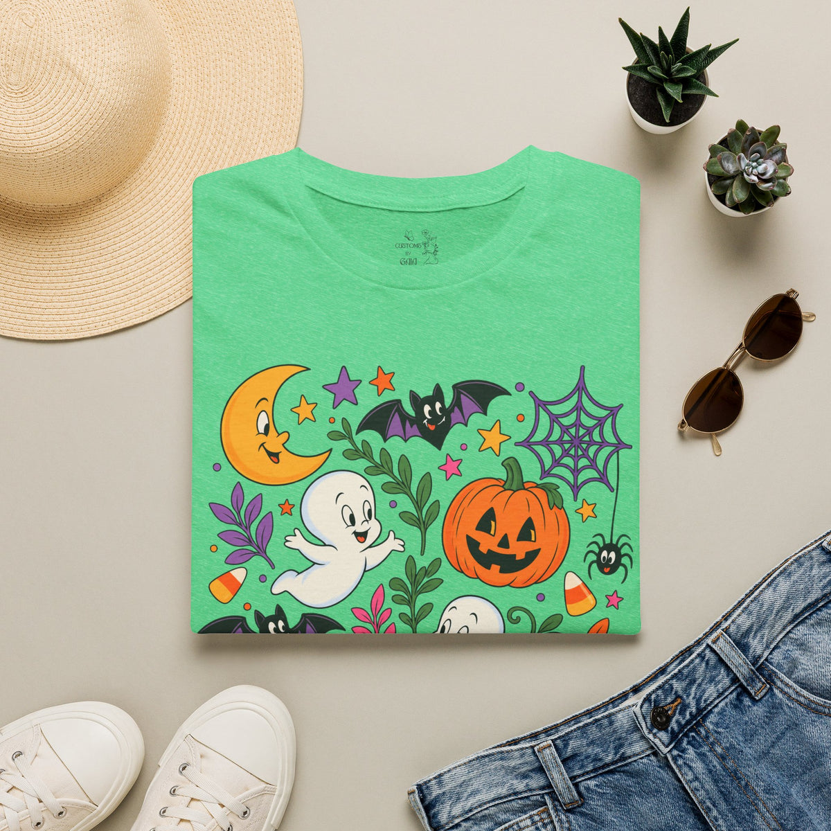 Cute Halloween T-Shirt — Friendly Ghosts, Pumpkins & Bats Graphic