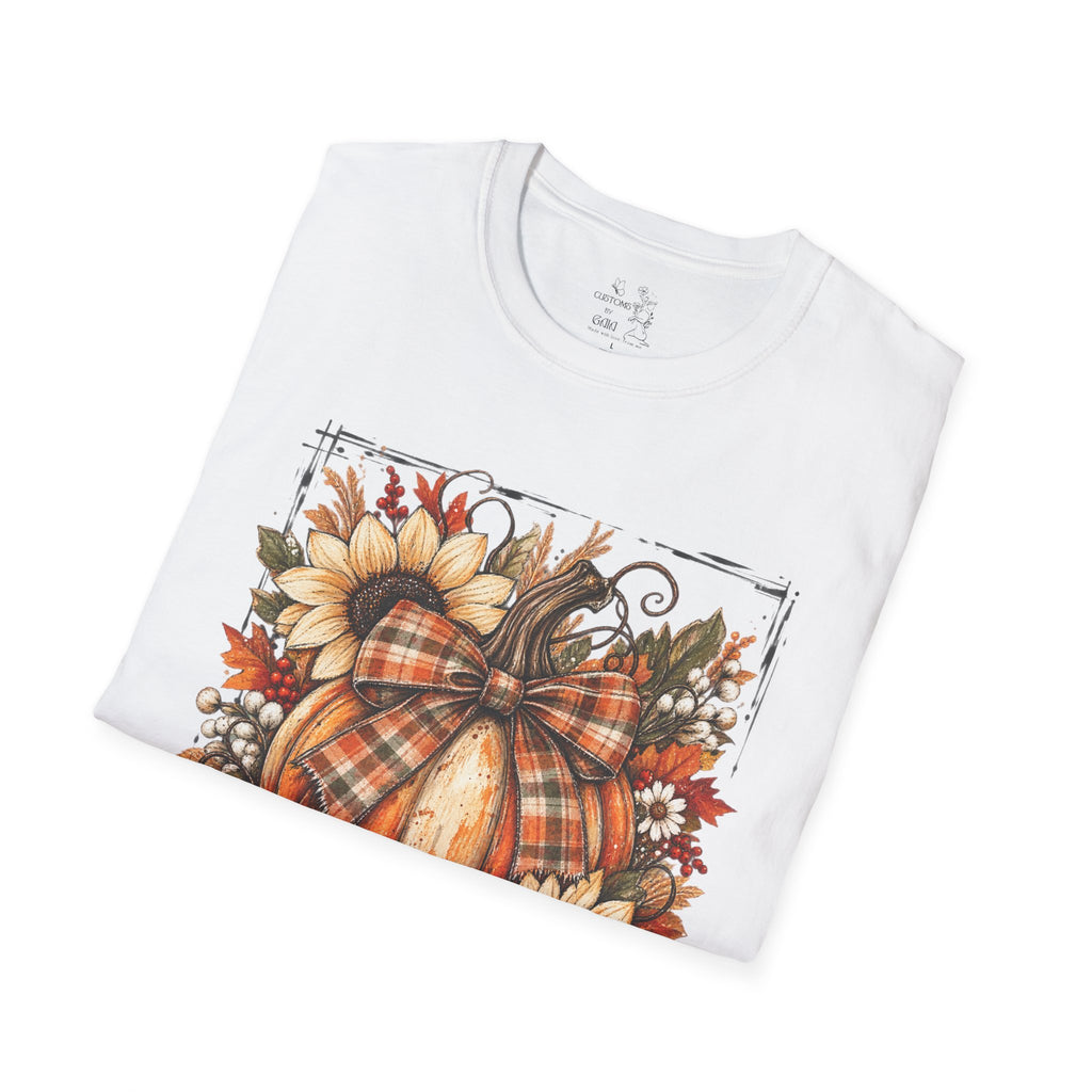 Pumpkin & Sunflower Fall T-Shirt — Plaid Pumpkin Autumn Graphic Tee