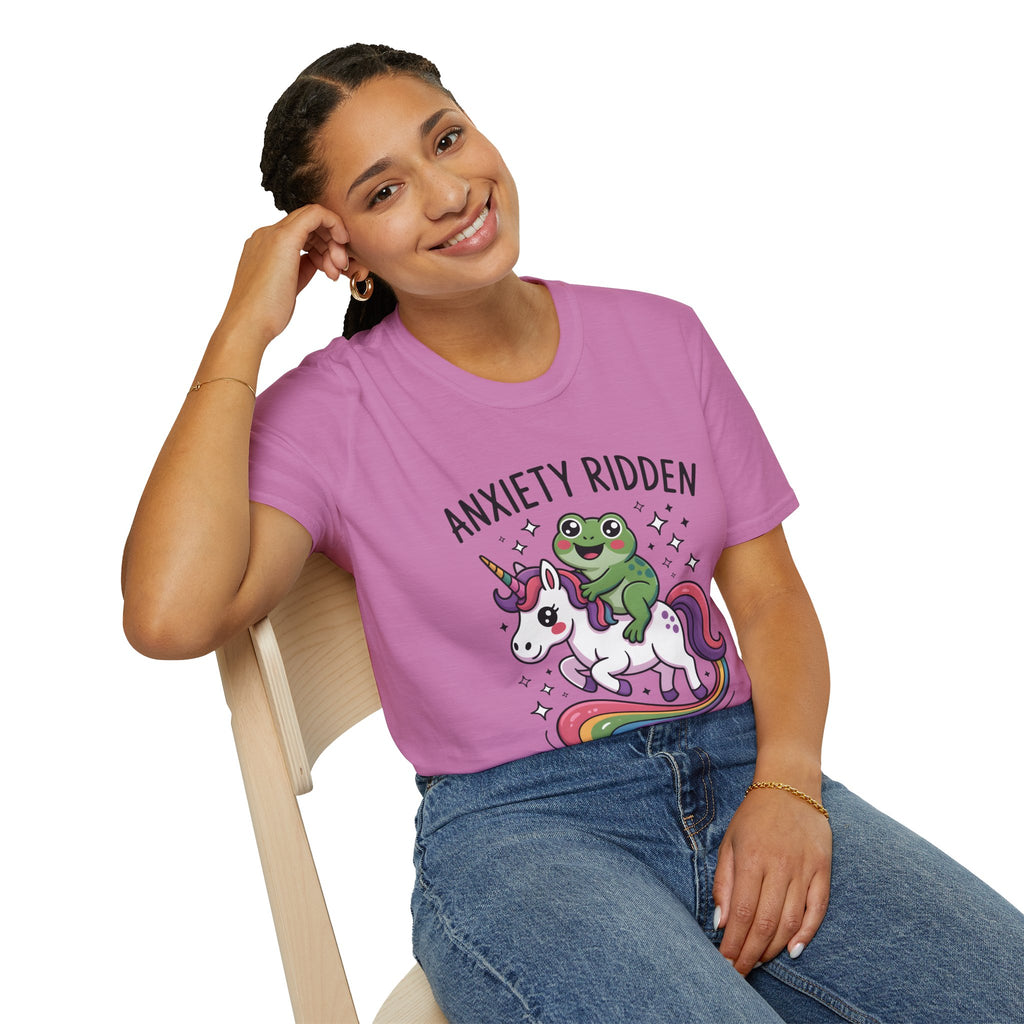 Anxiety Ridden Frog on Unicorn T-Shirt — Cute Mental Health Awareness Graphic Tee