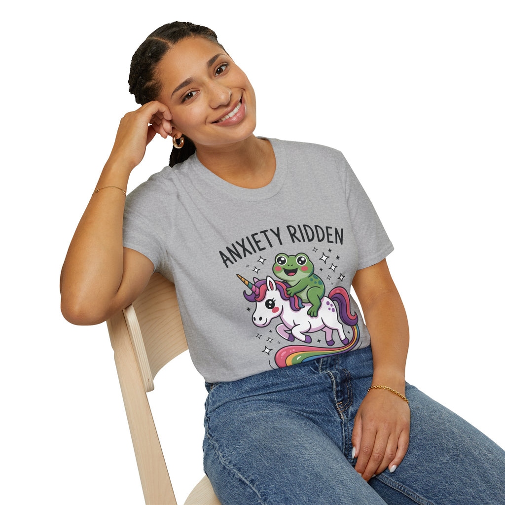 Anxiety Ridden Frog on Unicorn T-Shirt — Cute Mental Health Awareness Graphic Tee