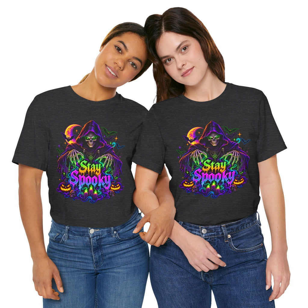 Stay Spooky Halloween Tee — Neon Grim Reaper & Haunted Castle Graphic T-Shirt