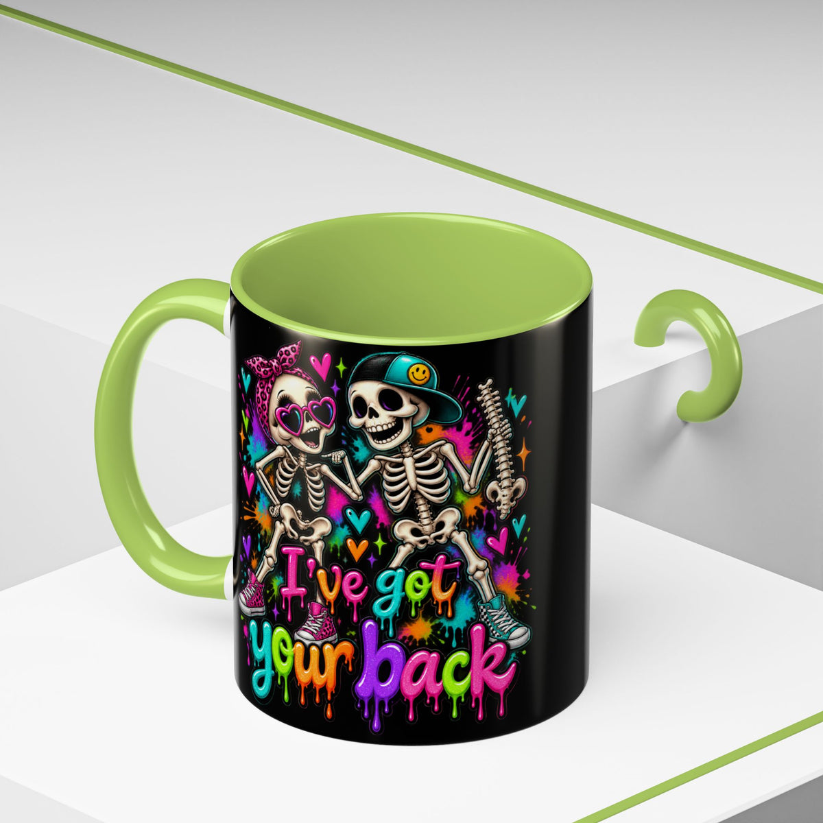 "I’ve Got Your Back" Skeleton Coffee Mug — Colorful Gothic Accent 11/15oz