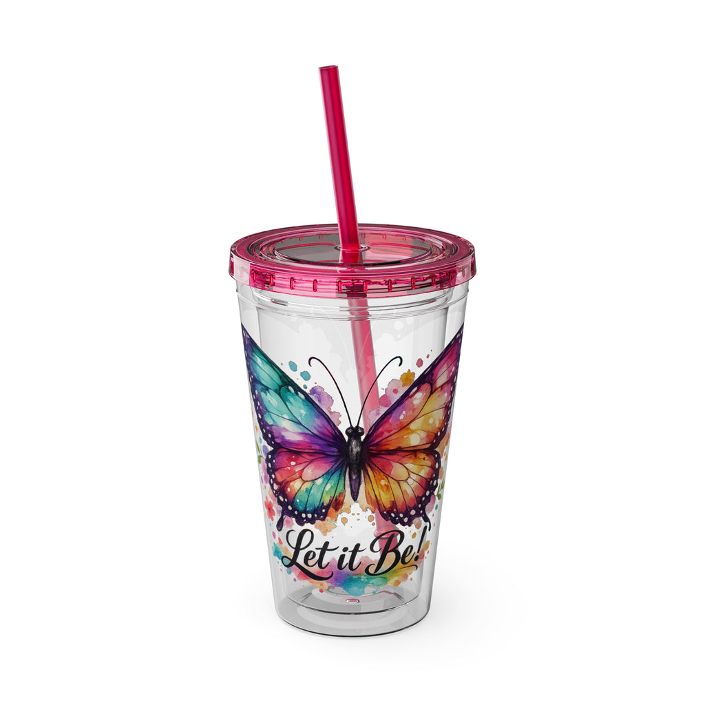 Butterfly 'Let It Be' 16oz Tumbler with Straw — Colorful Floral Summer Drink Cup