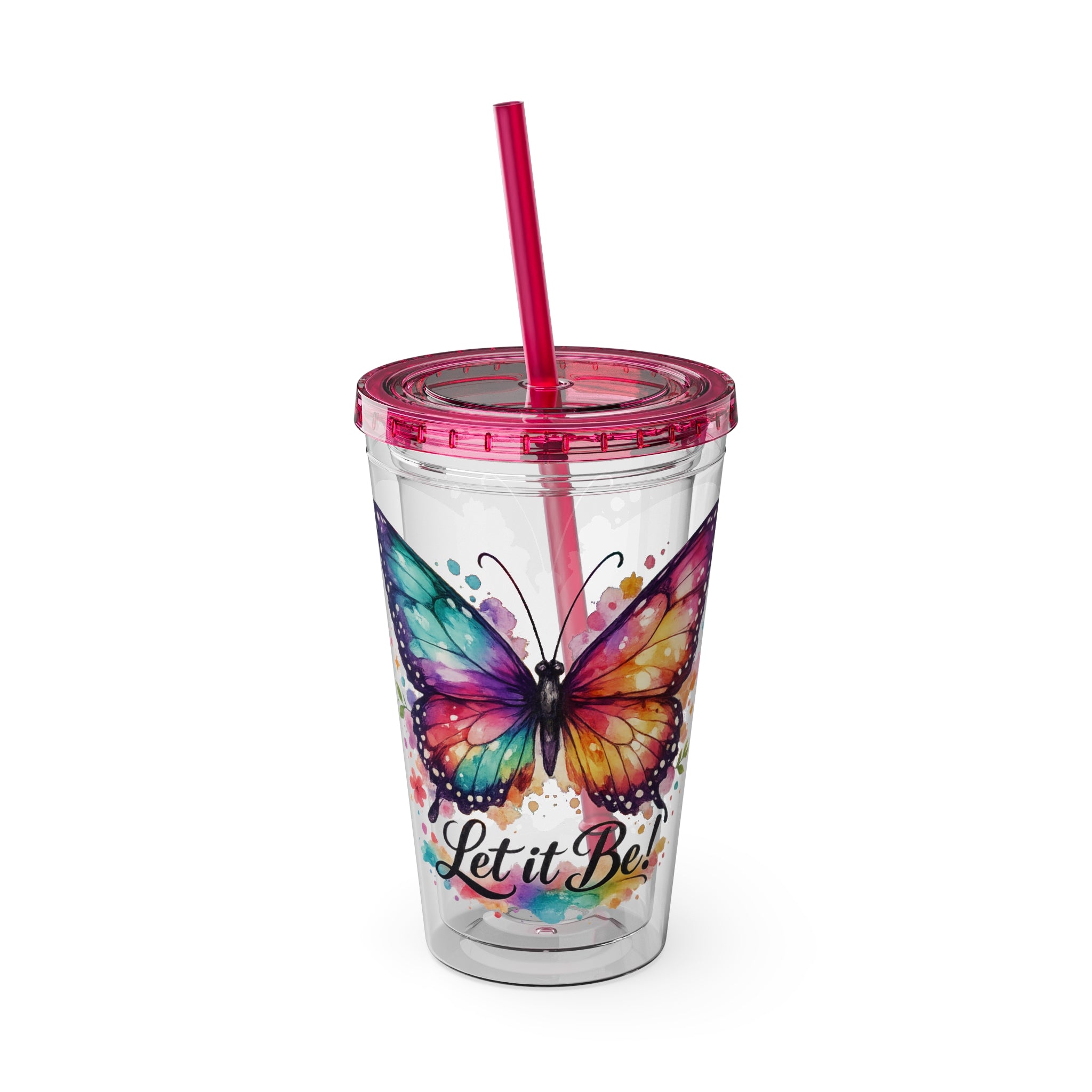 Butterfly 'Let It Be' 16oz Tumbler with Straw — Colorful Floral Summer Drink Cup