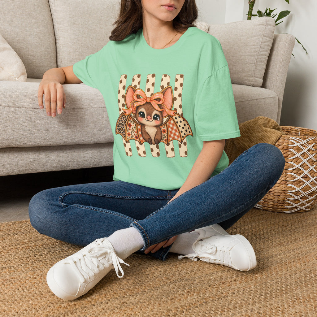 Cute Bat Tee — Adorable Bat with Bow Graphic T-Shirt (Leopard Striped Background)