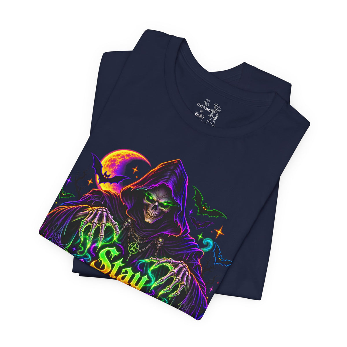 Stay Spooky Halloween Tee — Neon Grim Reaper & Haunted Castle Graphic T-Shirt