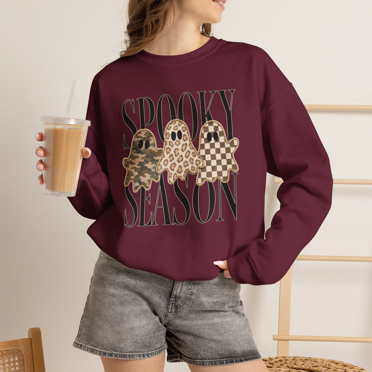 Spooky Season Ghosts Sweatshirt — Neutral Plaid & Camo Halloween Crewneck