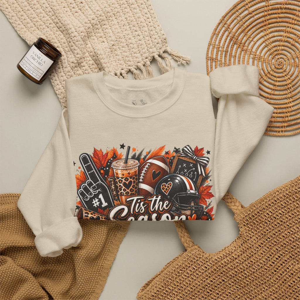 Tis the Season Fall Sweatshirt - Cozy Autumn Leaves & Football Crewneck