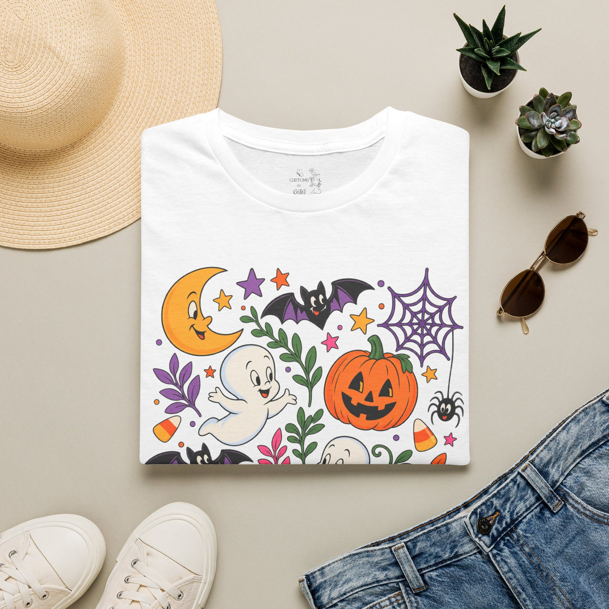 Cute Halloween T-Shirt — Friendly Ghosts, Pumpkins & Bats Graphic