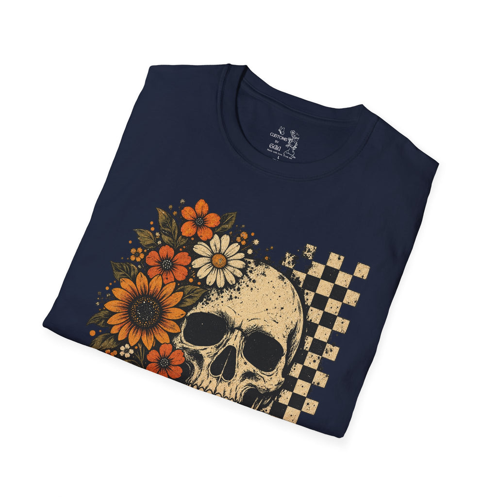 Floral Skull T-Shirt – Gothic Sunflower Checkerboard Design