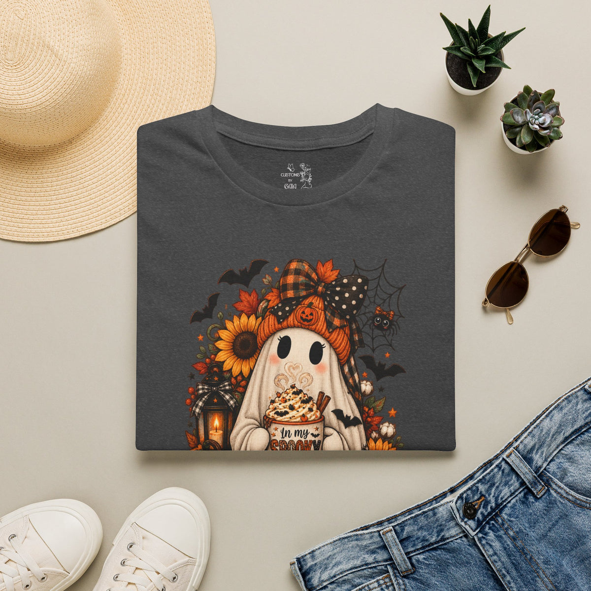 Halloween Ghost Tee – Cute Pumpkin, Sunflower & Trick-or-Treat Design