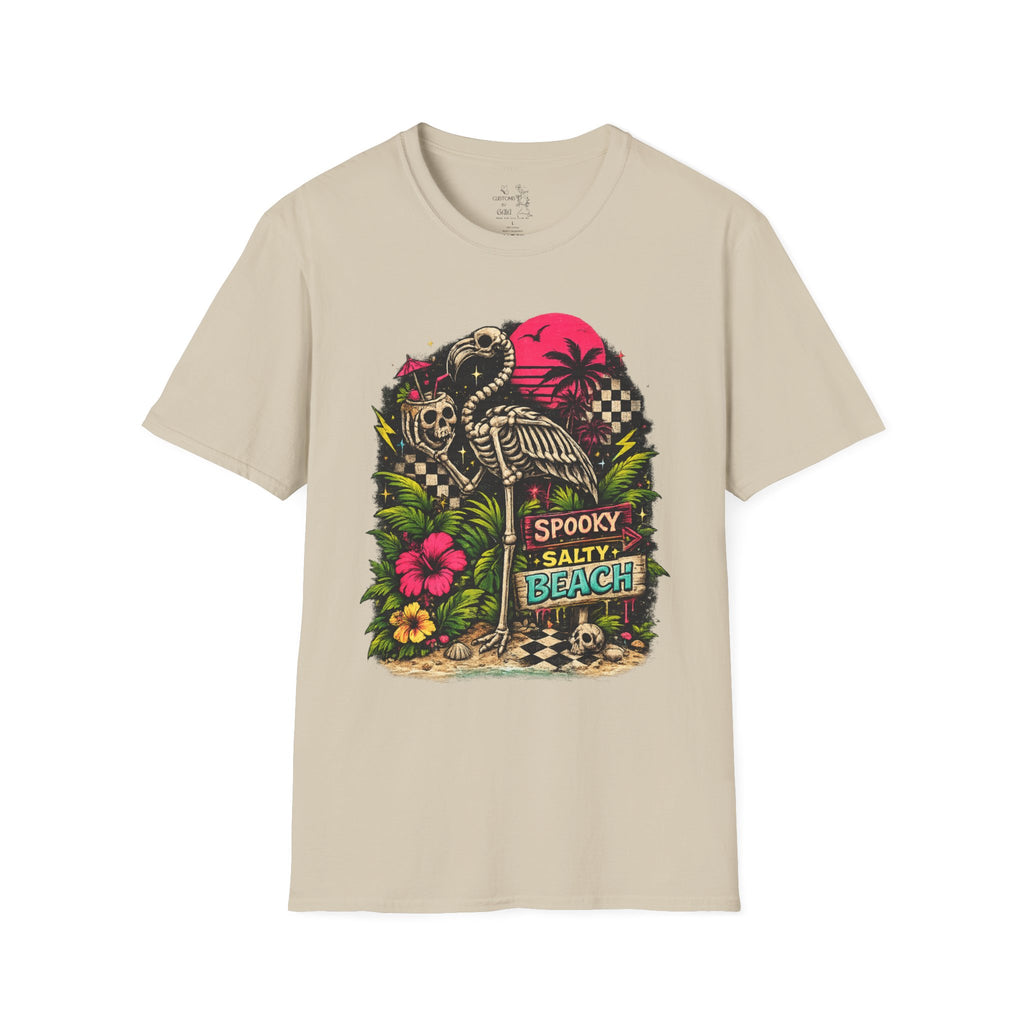 Spooky Salty Beach T-Shirt — Retro Skeleton Pelican Sunset Tee