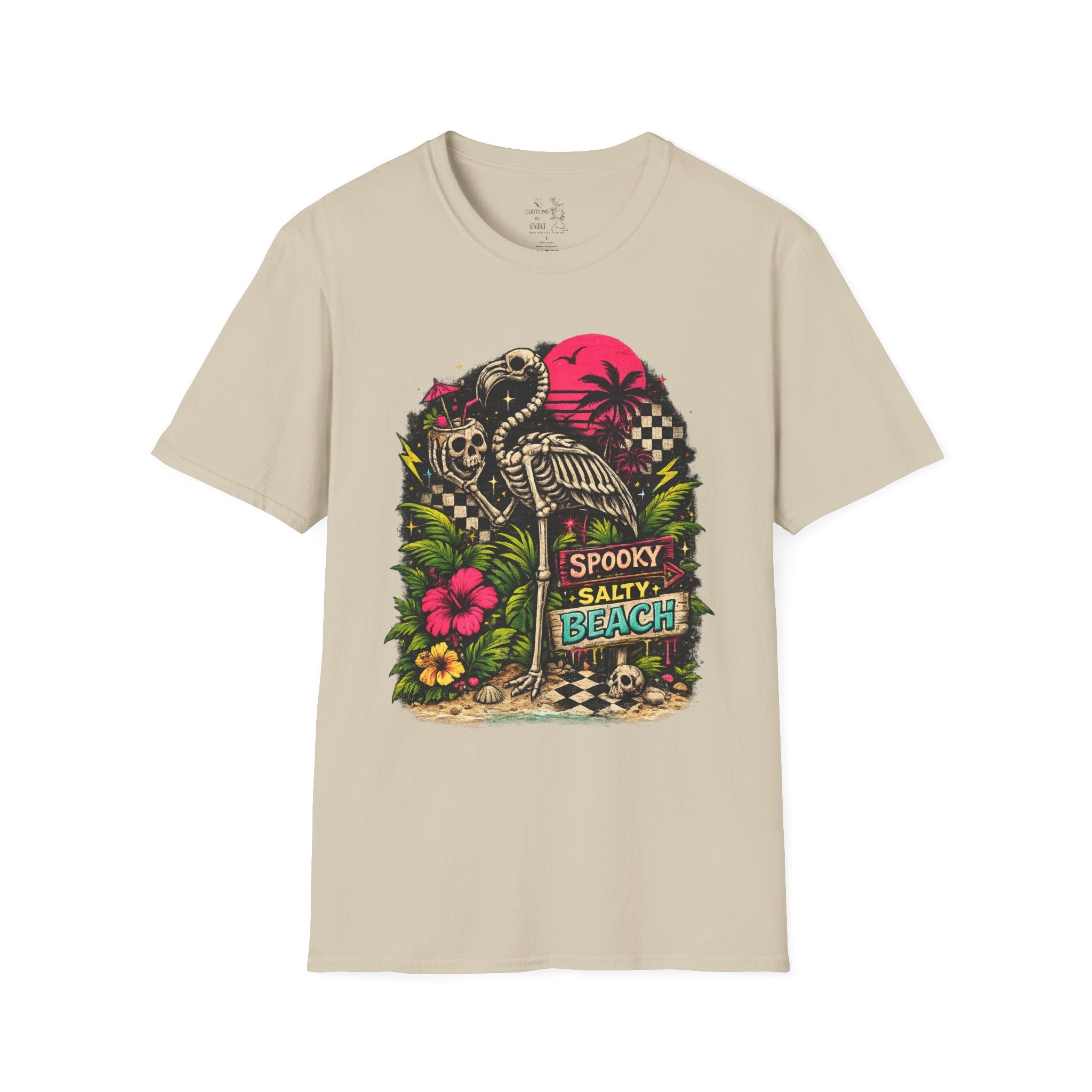 Spooky Salty Beach T-Shirt — Retro Skeleton Pelican Sunset Tee