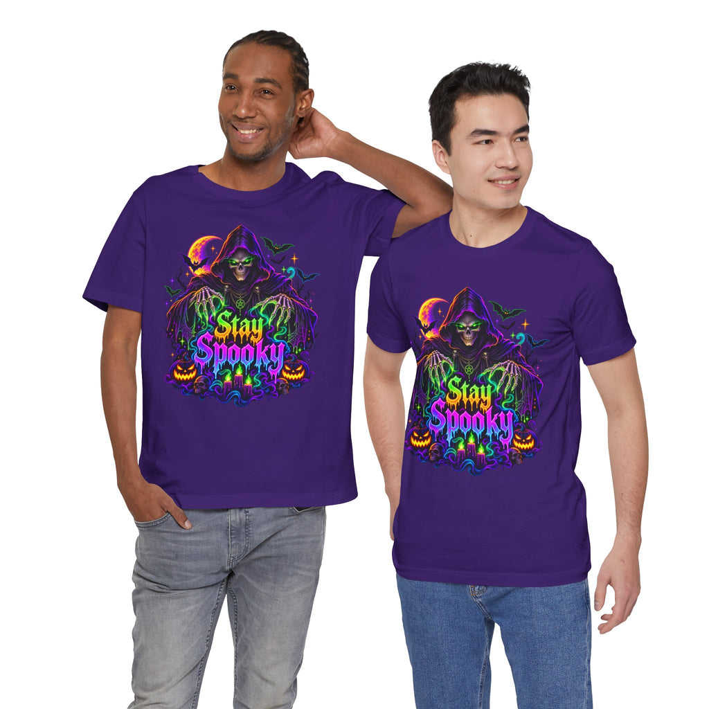 Stay Spooky Halloween Tee — Neon Grim Reaper & Haunted Castle Graphic T-Shirt