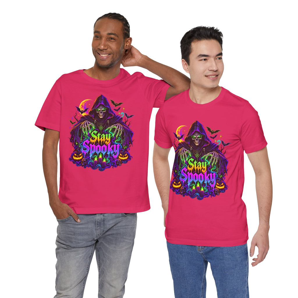 Stay Spooky Halloween Tee — Neon Grim Reaper & Haunted Castle Graphic T-Shirt