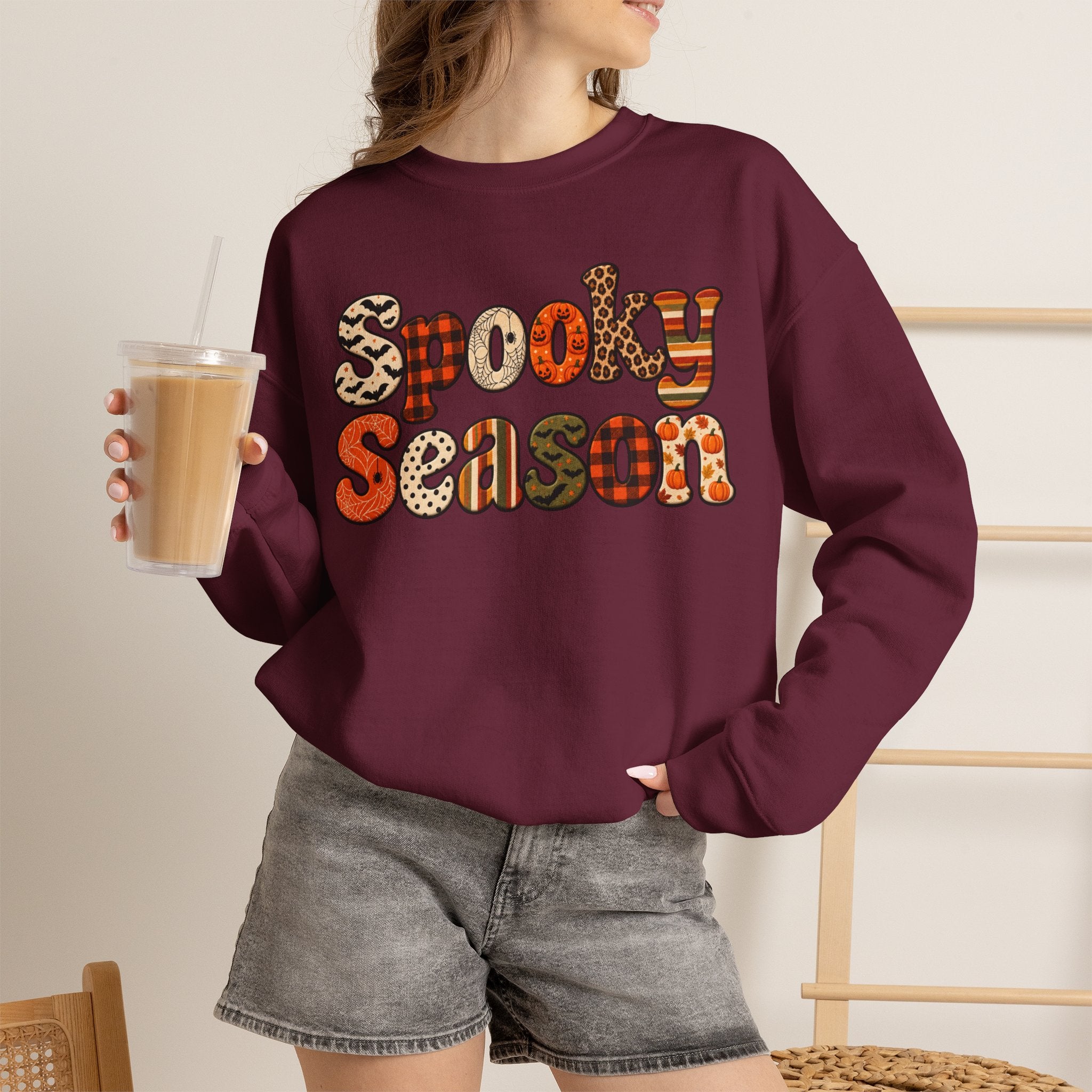 Spooky Season Sweatshirt — Retro Patterned Halloween Crewneck