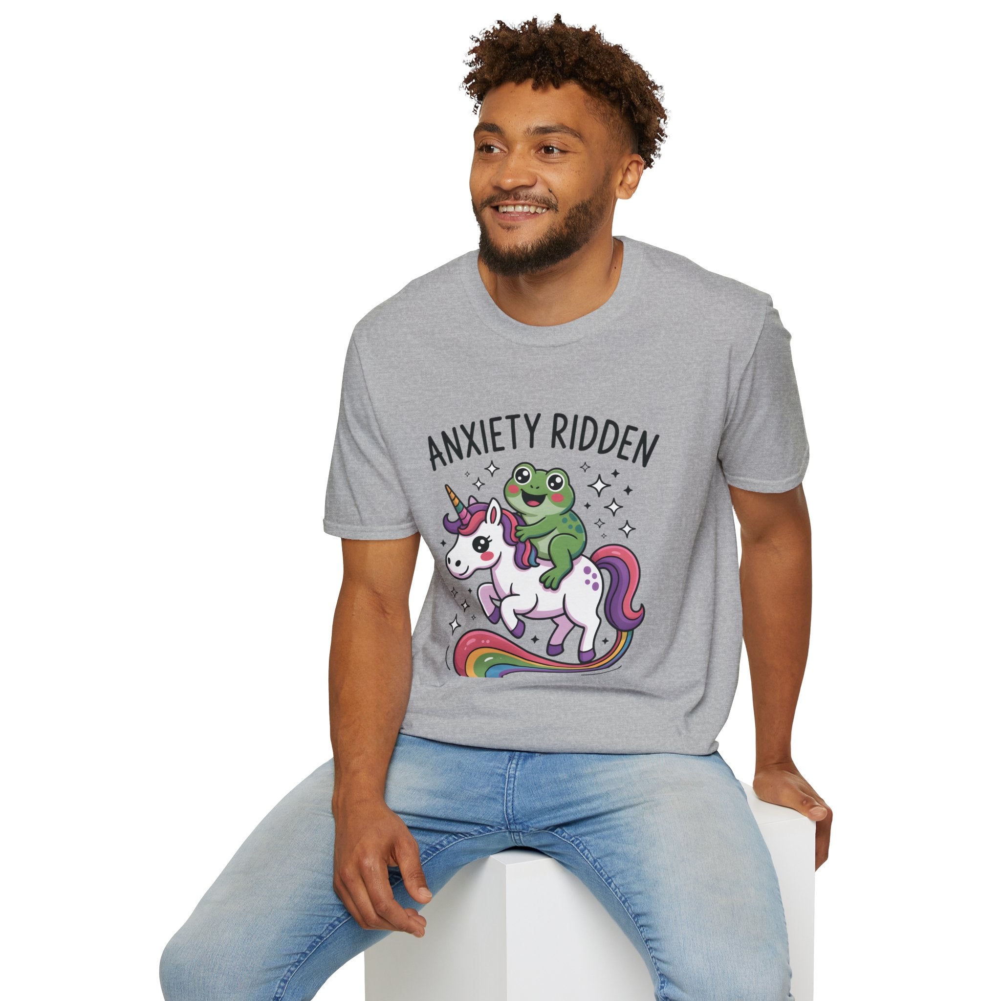 Anxiety Ridden Frog on Unicorn T-Shirt — Cute Mental Health Awareness Graphic Tee