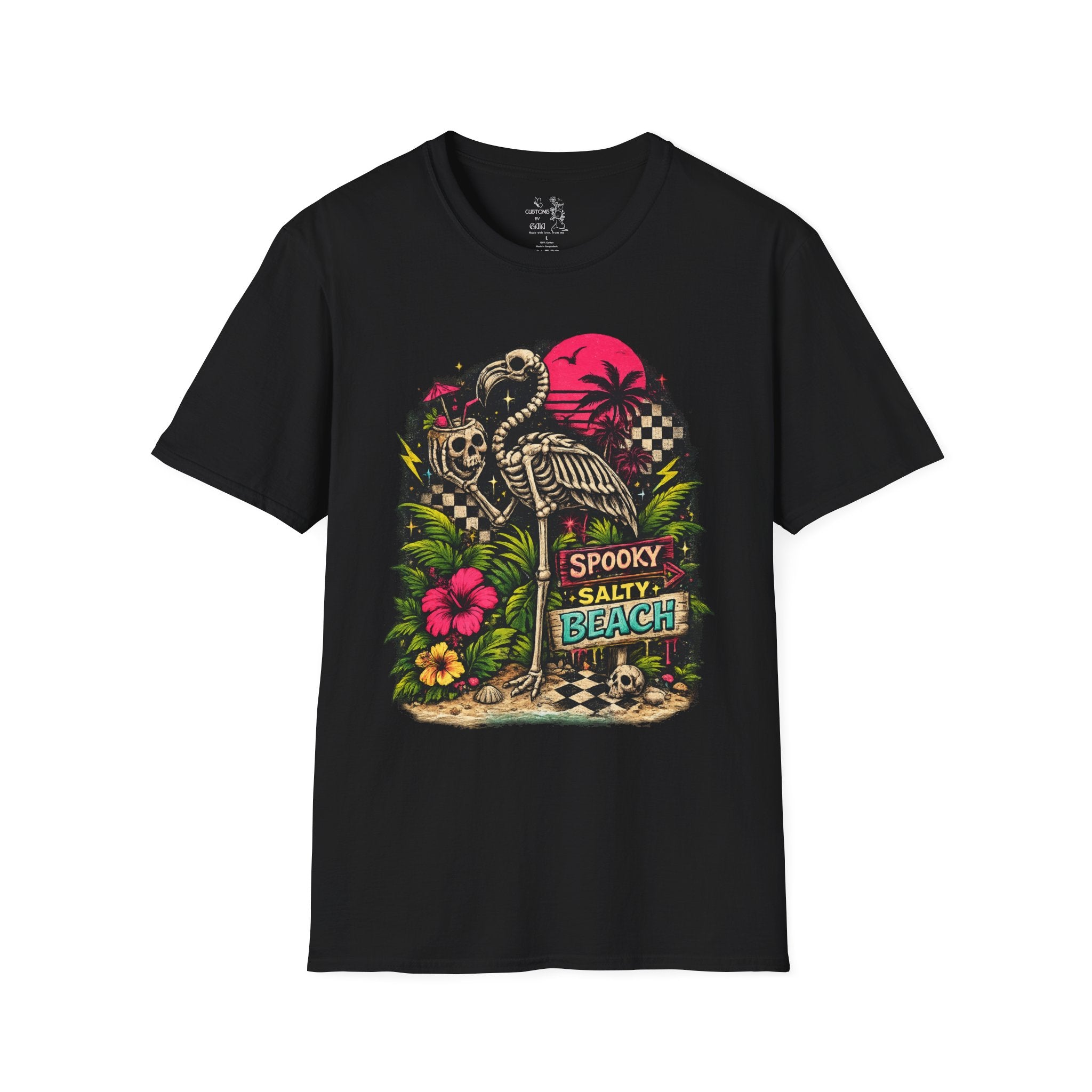Spooky Salty Beach T-Shirt — Retro Skeleton Pelican Sunset Tee