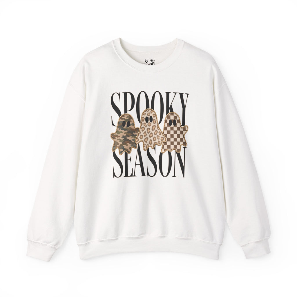Spooky Season Ghosts Sweatshirt — Neutral Plaid & Camo Halloween Crewneck