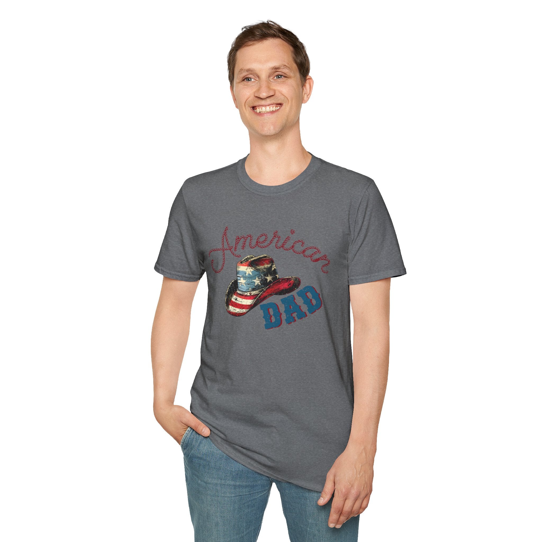 Patriotic “American Dad” Tee — Vintage Flag Cowboy Hat Dad T-Shirt