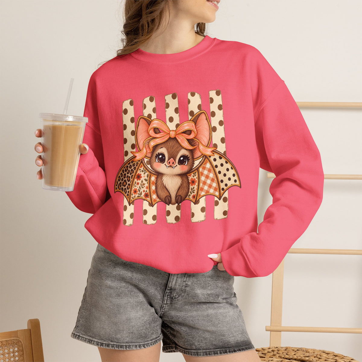 Cute Bat Crewneck Sweatshirt — Kawaii Bat with Bow Graphic