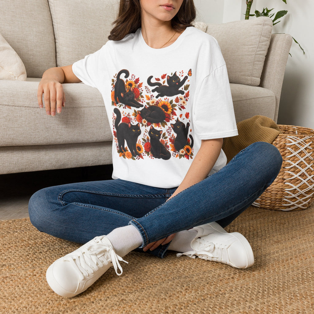 Black Cats & Sunflowers T-Shirt — Autumn Floral Cat Tee