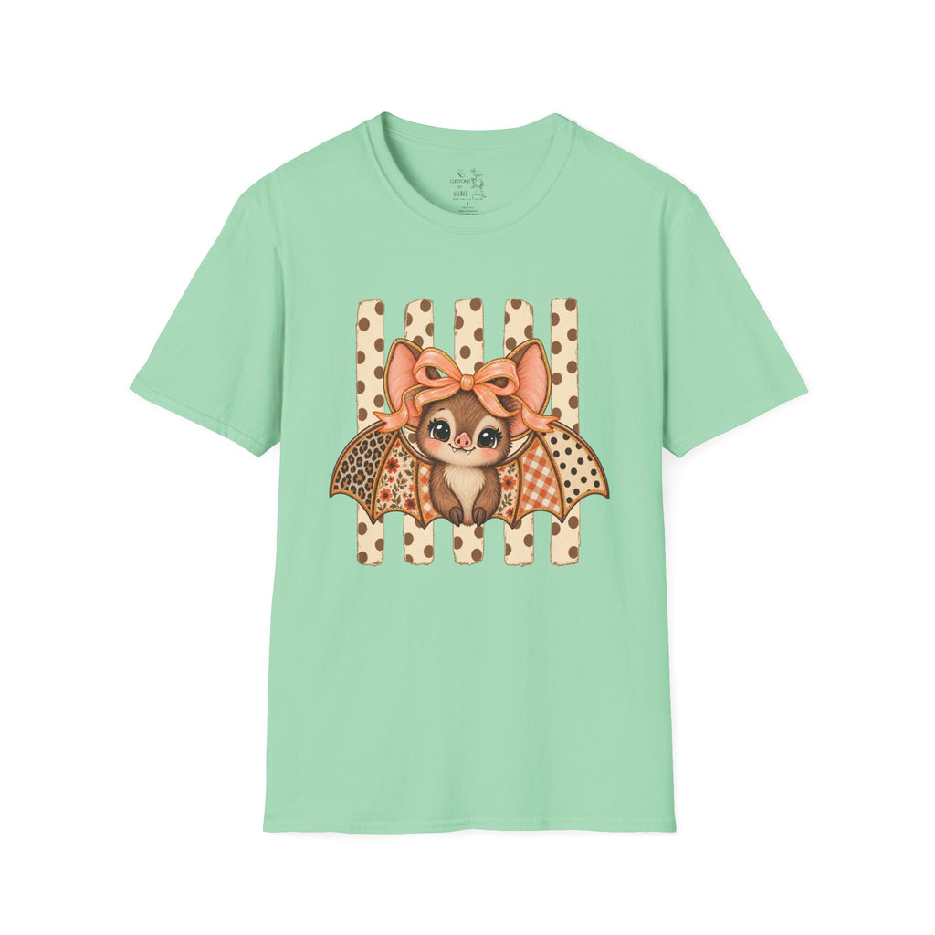 Cute Bat Tee — Adorable Bat with Bow Graphic T-Shirt (Leopard Striped Background)