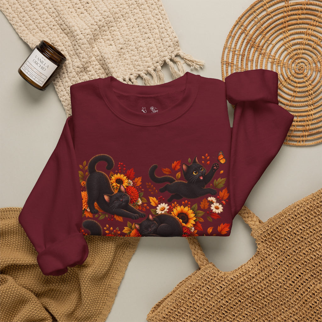 Autumn Black Cats Crewneck Sweatshirt — Fall Floral Halloween Cat Design