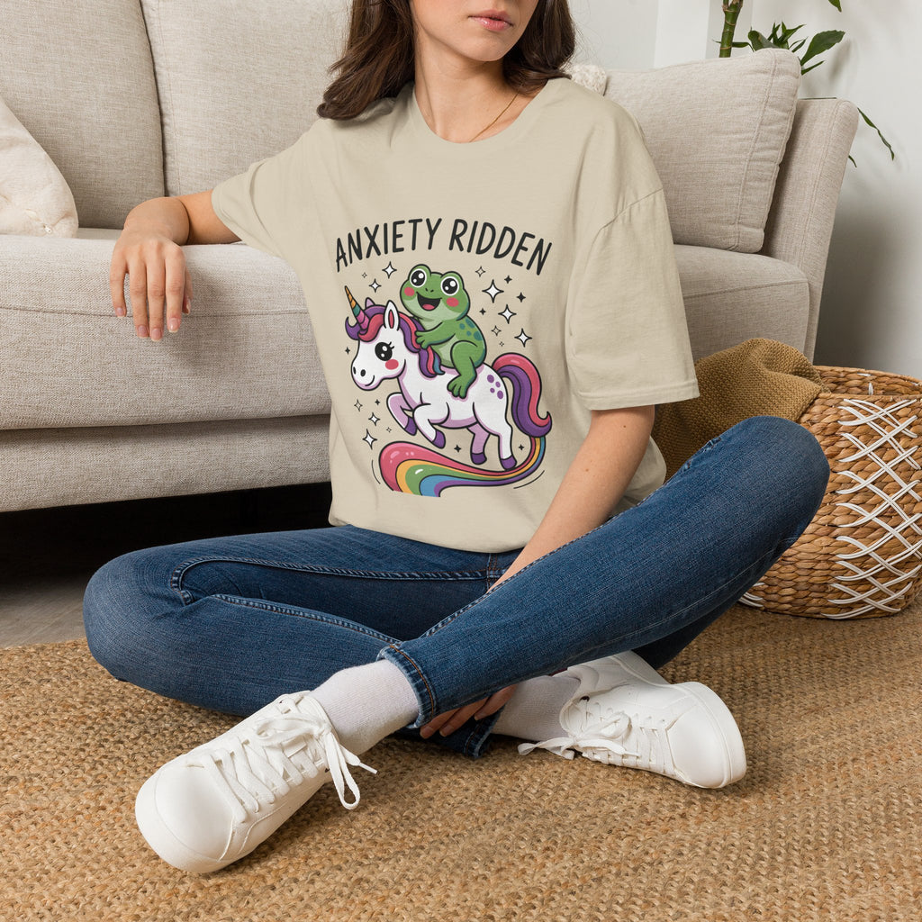 Anxiety Ridden Frog on Unicorn T-Shirt — Cute Mental Health Awareness Graphic Tee