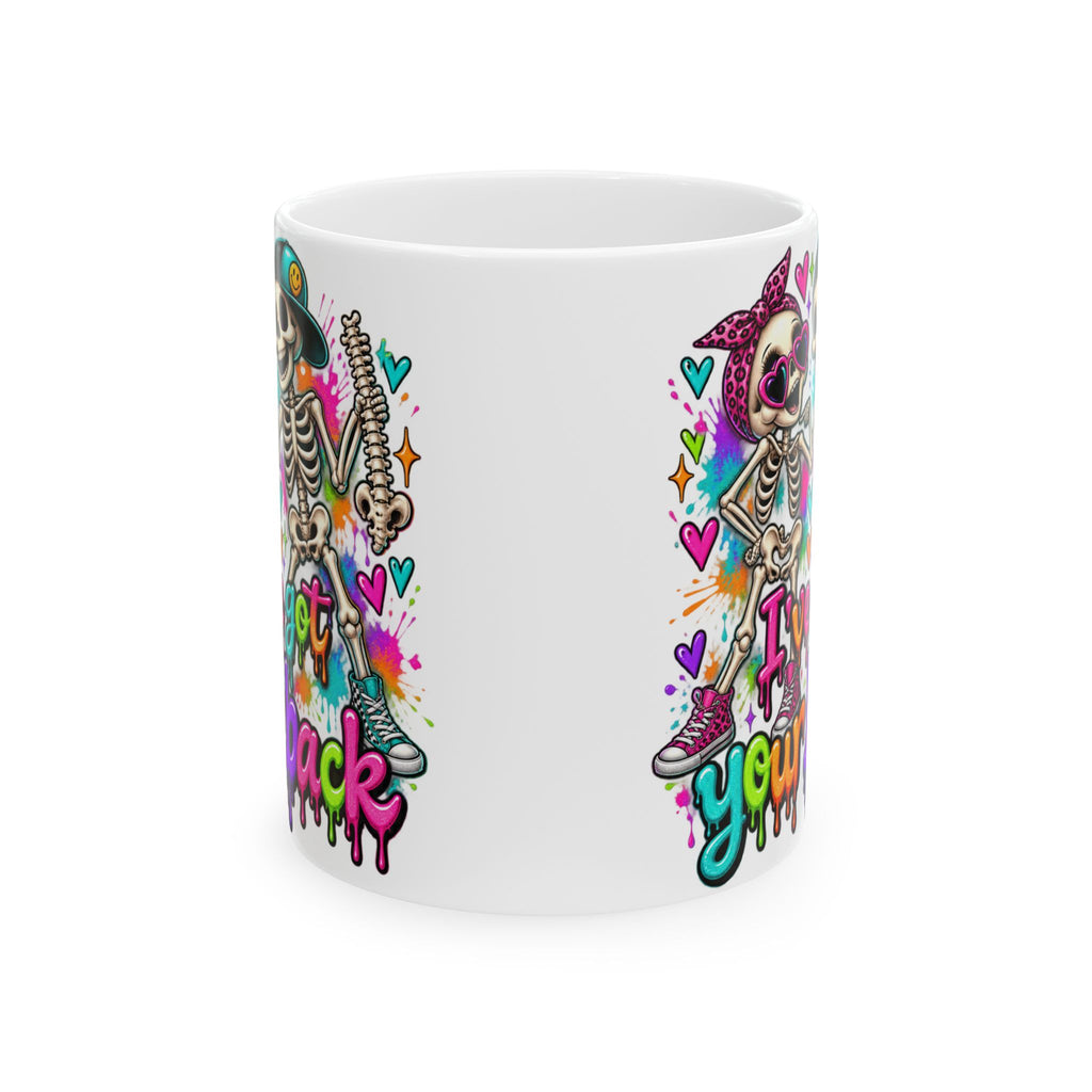Skeleton Rocker Ceramic Mug — Colorful 'I've Got Your Back' Coffee Cup (11oz & 15oz)