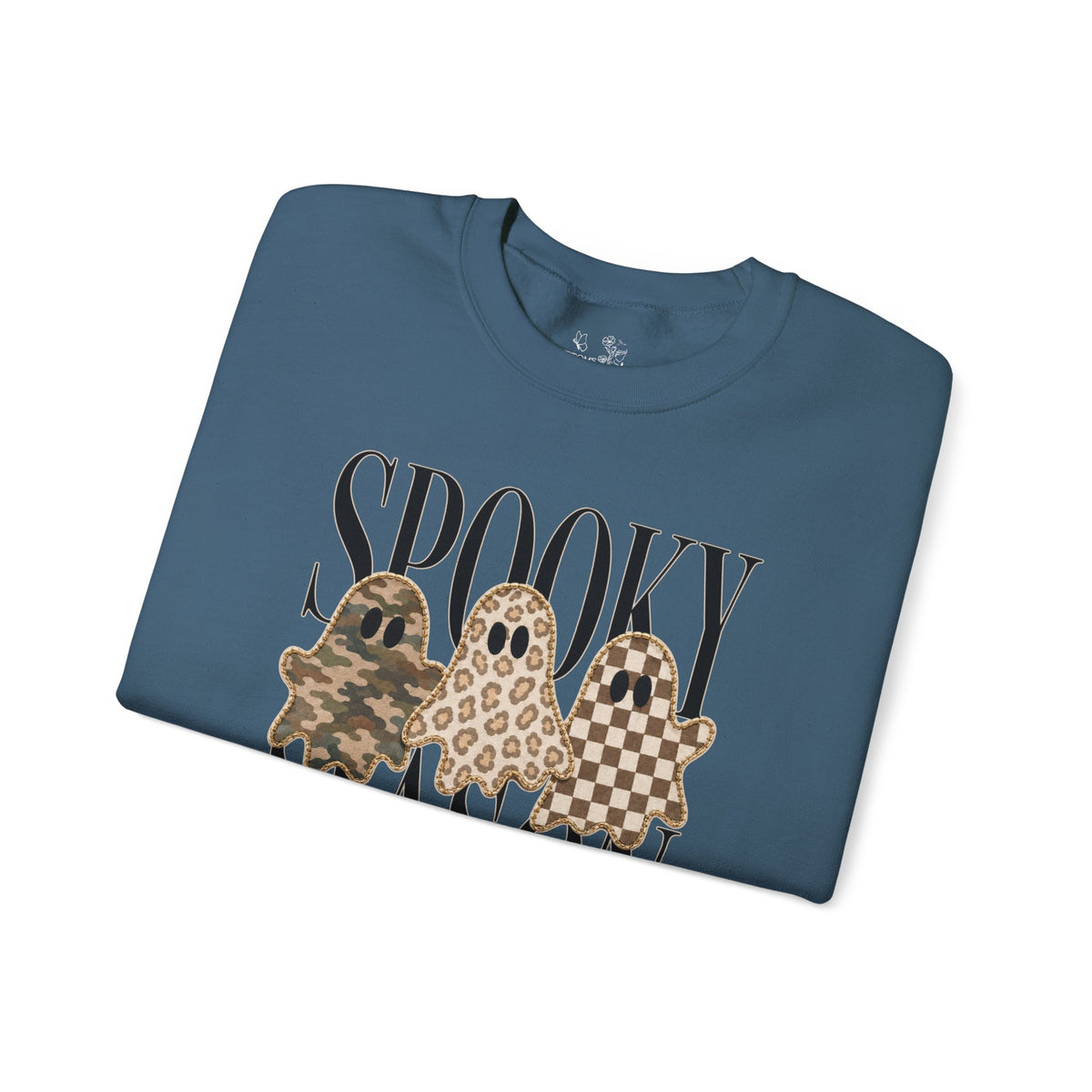Spooky Season Ghosts Sweatshirt — Neutral Plaid & Camo Halloween Crewneck