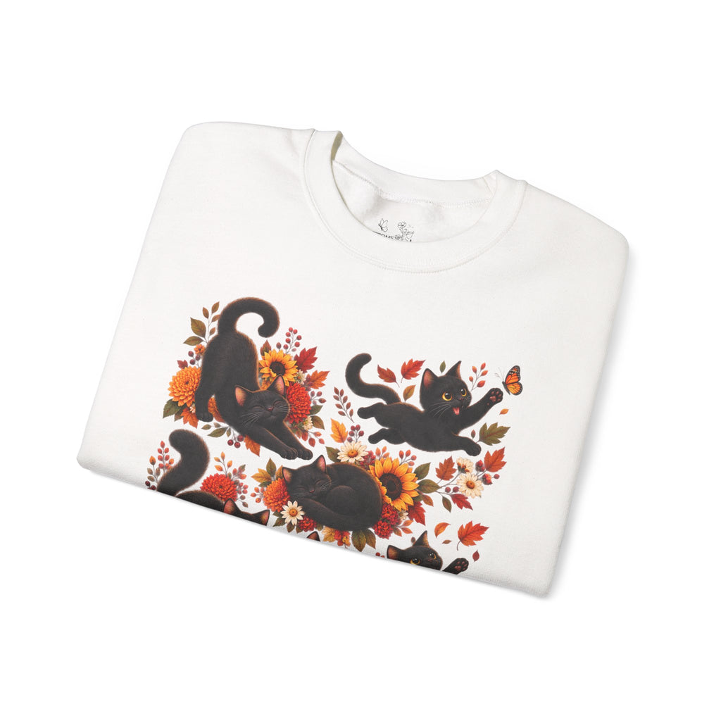 Autumn Black Cats Crewneck Sweatshirt — Fall Floral Halloween Cat Design