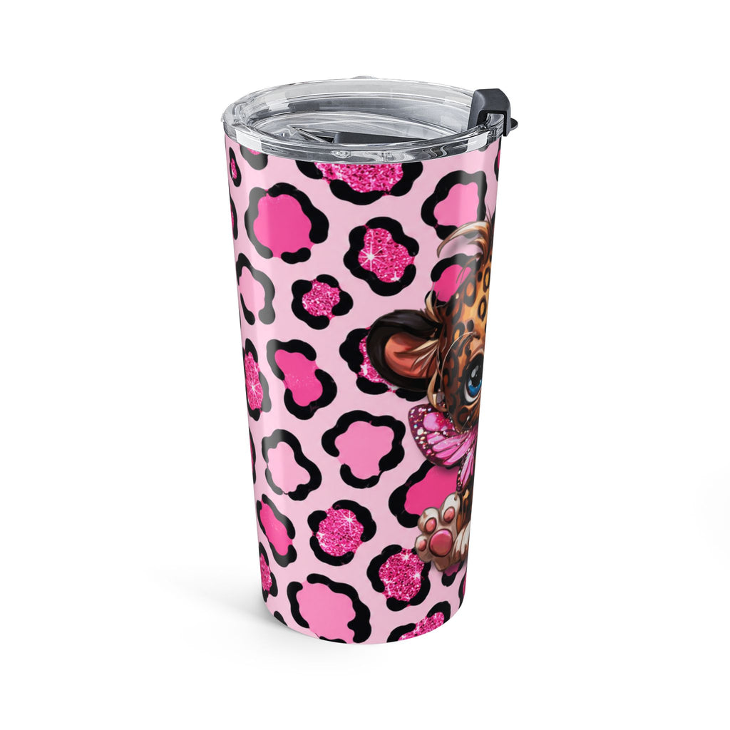 20oz Pink Leopard Print Tumbler with Cute Baby Leopard & Butterflies