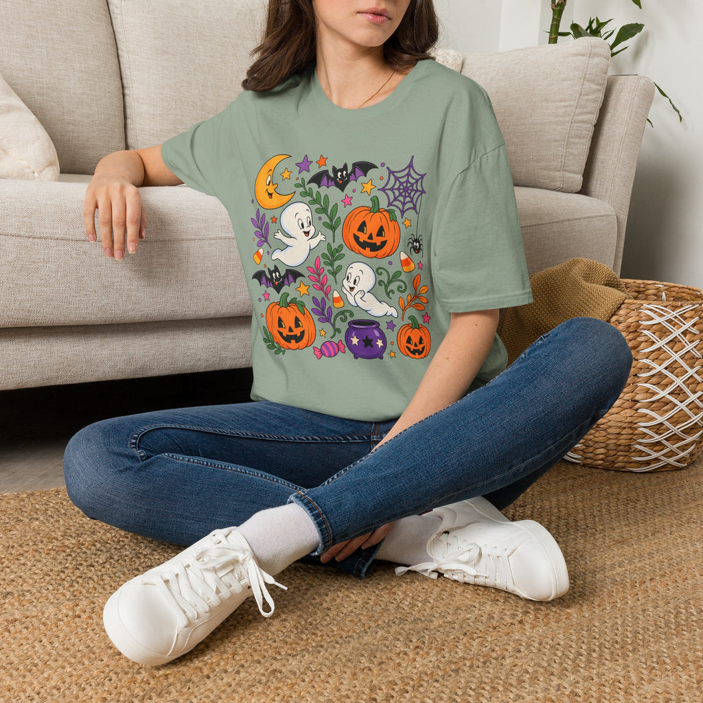 Cute Halloween T-Shirt — Friendly Ghosts, Pumpkins & Bats Graphic