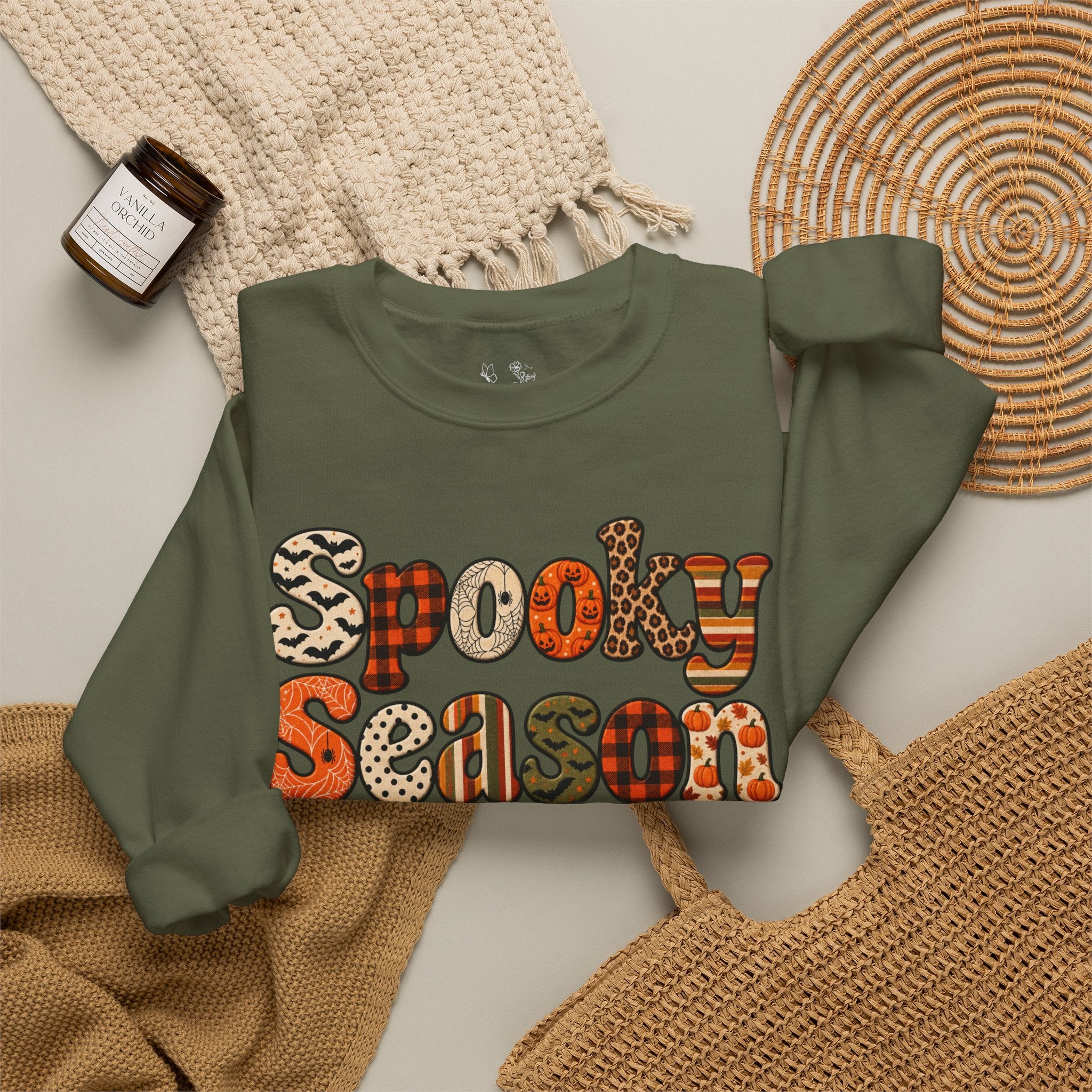 Spooky Season Sweatshirt — Retro Patterned Halloween Crewneck