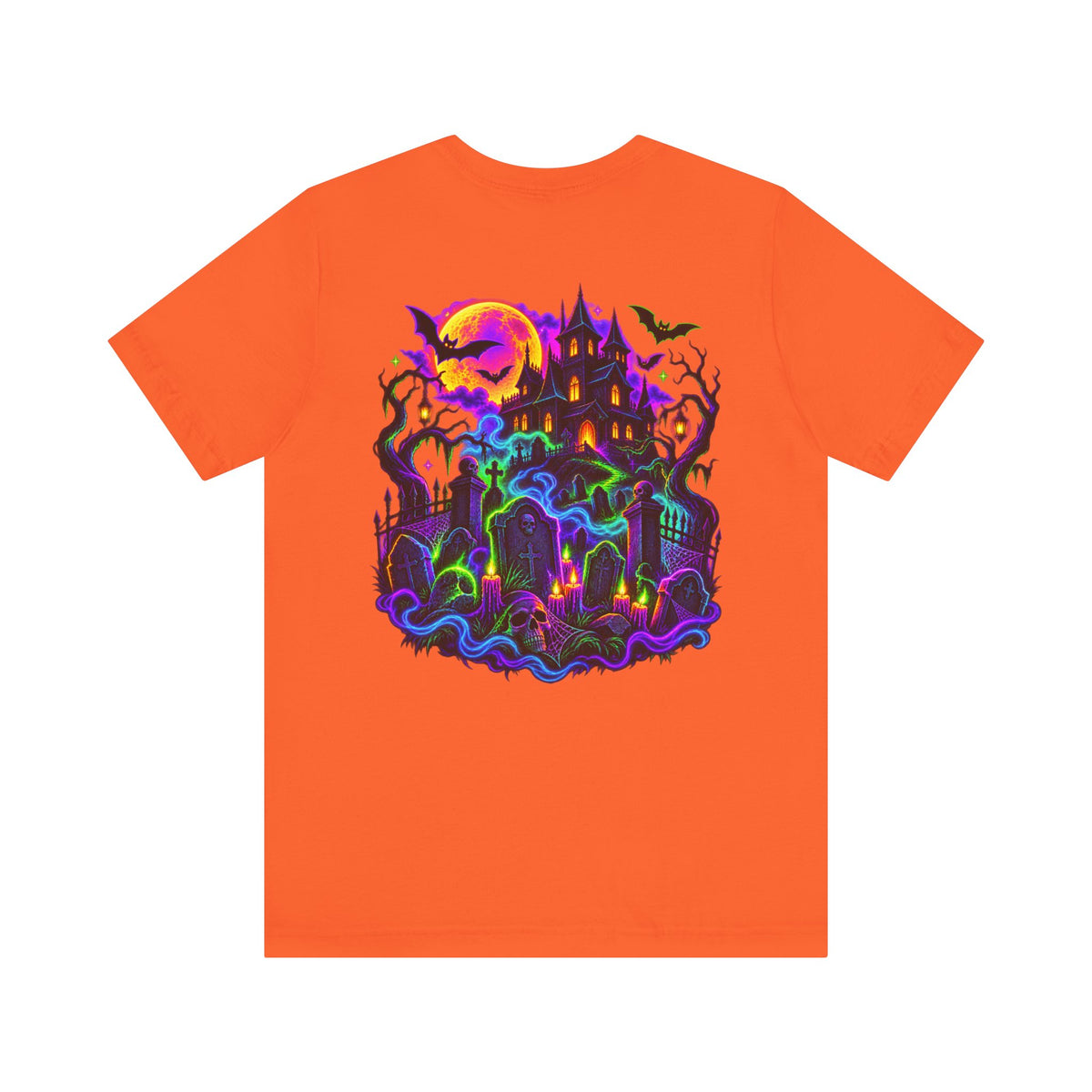 Stay Spooky Halloween Tee — Neon Grim Reaper & Haunted Castle Graphic T-Shirt