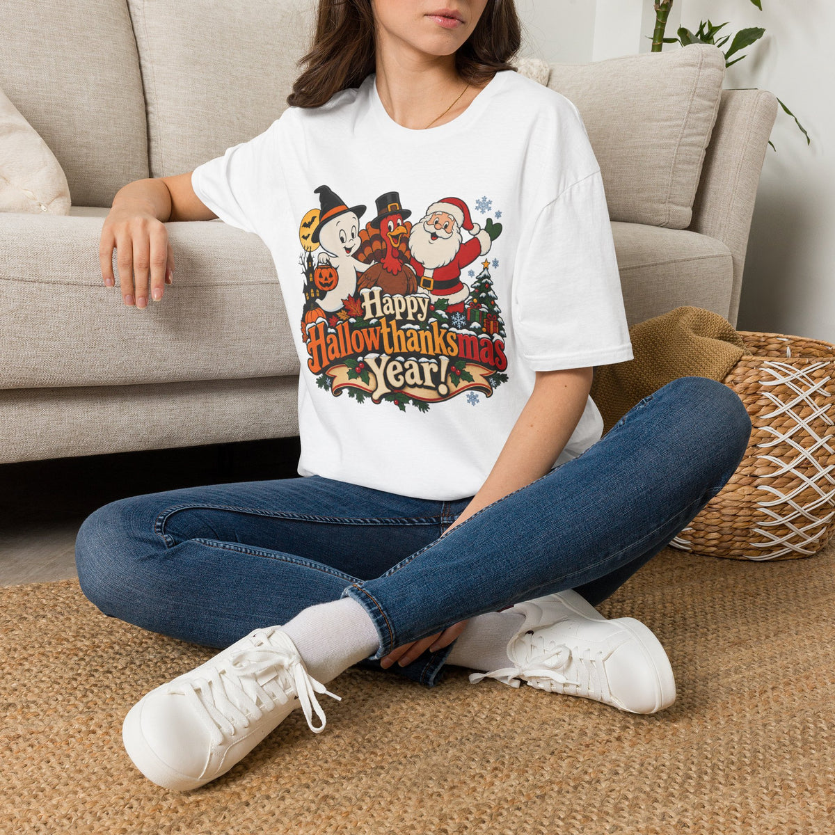 Halloween Thanksgiving Christmas Mashup Tee — "Happy HallowThanksMas This Year"