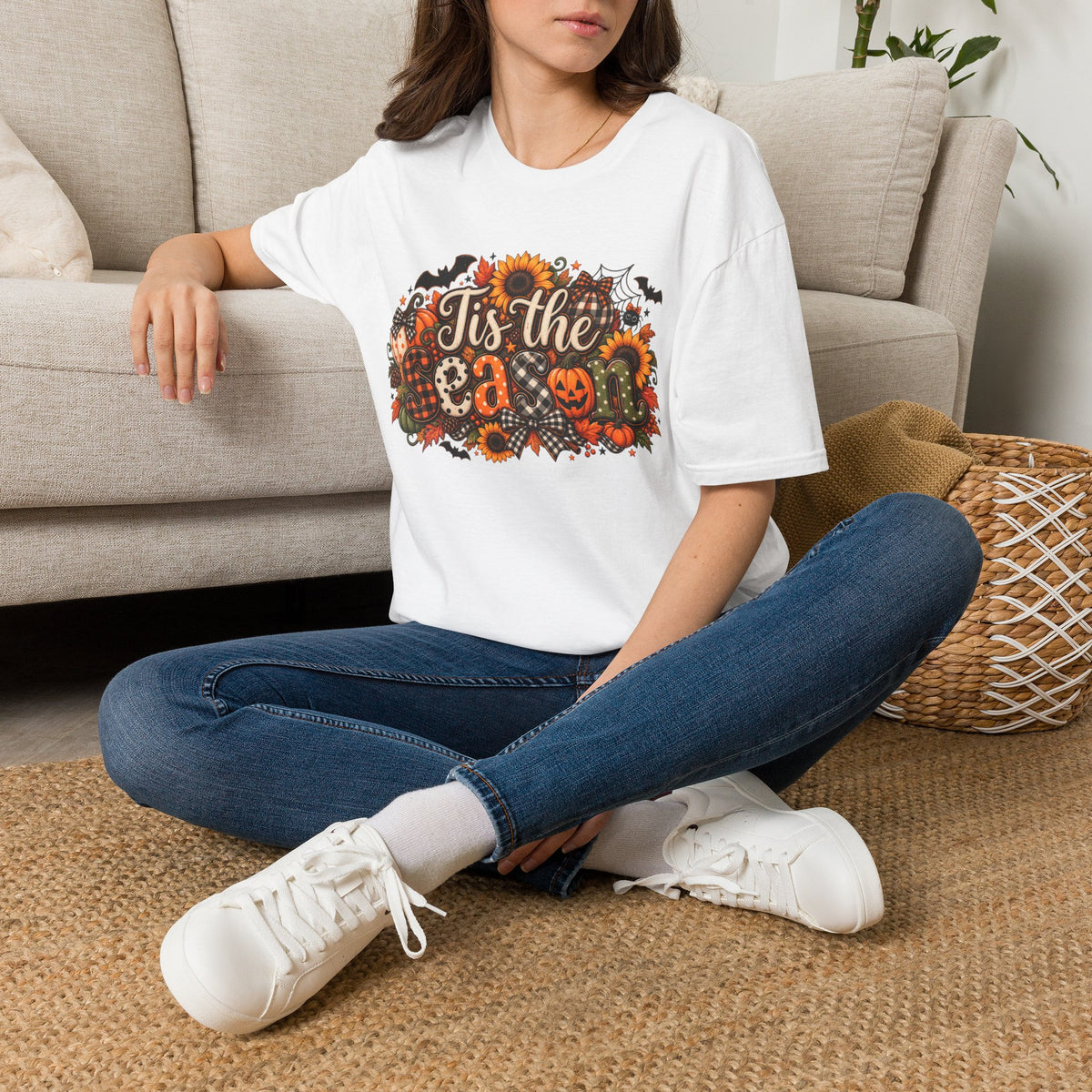Halloween T-Shirt — "Tis the Season" Pumpkin & Sunflower Fall Graphic